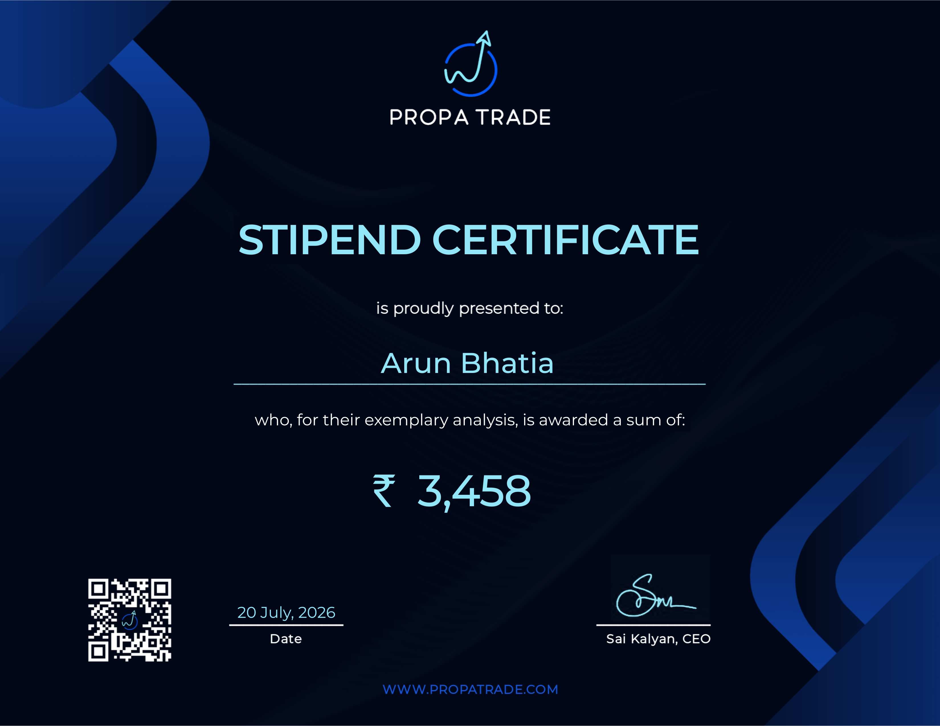 Reward Certificate - Arun Bhatia